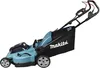 A teal and black Makita battery-powered lawnmower with a grass collection bag, shown from a side angle against a white background. Náhled obrázku produktu