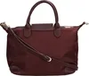 A studio shot of a burgundy handbag with brown leather accents and straps, presented against a white background. Produktbild-Vorschau