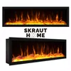 Two images of a modern electric fireplace with realistic flame effects, separated by a brand logo. Anteprima dell’immagine prodotto