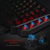 A close-up view of a mechanical gaming keyboard with visible blue switches and red backlighting, along with a separate display of the blue switch mechanism. Produktbild-Vorschau