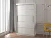 A white wardrobe and a chest of drawers are shown in a room with a window and curtains, and a dining table with a yellow chair. Produktbild-Vorschau