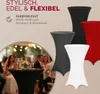 A collage of images showing different colored table covers on high tables, with a wedding reception scene in the background. Anteprima dell’immagine prodotto