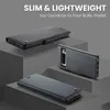 A product image showcasing a black leather wallet case for a Google Pixel phone, displayed on grey geometric platforms. Produktbild-Vorschau