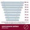 A display of multiple glass shelves of varying lengths, arranged vertically, with their corresponding lengths listed on the right side. Text at the bottom describes the depth and thickness of the shelves and indicates "different Sizes". Produktbild-Vorschau