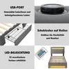 A collage of images showcasing the features of a bed, including a USB port, storage drawers, LED lighting, and a remote control. Produktbild-Vorschau