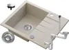 A beige granite sink with its accessories, including a drain and plumbing parts, is displayed against a white background. Podgląd zdjęcia produktu