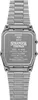 The back of a silver Casio watch with a metal band, featuring engraved text and logos. Produktbild-Vorschau