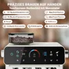 A close-up of a modern espresso machine's control panel and bean hopper, with overlaid text highlighting its features. Produktbild-Vorschau