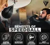 Two men are shown training with a speedball, with text overlay highlighting the benefits of speedball training. Produktbild-Vorschau