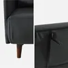 Collage showing close-up details of a dark gray corduroy sofa with wooden legs. Produktbild-Vorschau
