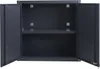 An open, empty, dark gray metal cabinet with two shelves. Voir les images du produit
