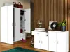 A white wardrobe and a white sideboard are shown in a room with a wooden slatted wall. Náhľad obrázku produktu