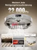 A robotic vacuum cleaner is shown from underneath, with three inset images showcasing its cleaning capabilities. Produktbild-Vorschau