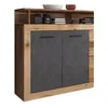 A modern sideboard with dark oak and graphite finishes, featuring two doors and decorative items on top. Náhľad obrázku produktu