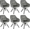 A set of six gray velvet swivel chairs with black metal legs, displayed on a white background. Produktbild-Vorschau
