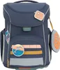 A navy blue children's backpack with colorful patches and a hanging charm. Voir les images du produit