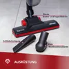 A vacuum cleaner head and attachments are displayed on a tiled floor, with labels pointing to different parts. Anteprima dell’immagine prodotto
