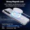 A clear phone case with a MagSafe charger attached to the back, set against a mountainous landscape. Produktbild-Vorschau