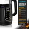 A close-up marketing image of a black electric kettle with its LED display showing 100°C and various temperature settings highlighted with orange lines and text. Produktbild-Vorschau
