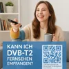 A woman is holding a remote control and looking at a TV screen, with text and a QR code overlay on the bottom. Produktbild-Vorschau