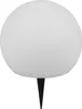 A white spherical solar outdoor light with a black spike stand. Produktbild-Vorschau