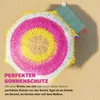 A colorful embroidered umbrella with text overlay. Produktbild-Vorschau