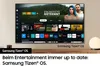 A Samsung smart TV displaying a streaming service interface, with promotional text below. Produktbild-Vorschau