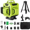 A collection of laser leveling tools and accessories, including a green laser level, tripod, remote control, and other components, arranged on a white background. Produktbild-Vorschau