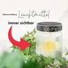 A glass candle holder with a solar-powered LED light, surrounded by green ivy, with a red arrow pointing to the candle. Produktbild-Vorschau