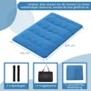 A collage showing a blue mattress with dimensions, and separate images of accessories: two black bandages, a black tote bag, and a blue dust cover. Náhled obrázku produktu
