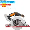 A cordless circular saw is shown against a white background, with a marketing badge in the top left corner. Náhled obrázku produktu
