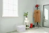 An entryway with a window, a storage chest, a plant, a coat rack with coats and hats, and a mirror. Voir les images du produit