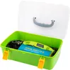 A green and clear plastic toolbox with a tool and accessories inside. Náhľad obrázku produktu