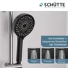 A black shower head is shown mounted on a chrome shower rail, with three inset images demonstrating different spray patterns. Produktbild-Vorschau