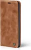 A brown leather flip case for a smartphone, shown from the side. Produktbild-Vorschau