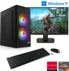 A gaming PC setup including a tower, monitor, keyboard, and mouse, with promotional text and logos. Produktbild-Vorschau