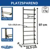 A metal wine rack with dimensions and weight information, along with close-up views of its features. Produktbild-Vorschau