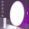 A round LED ceiling light with a remote control, showcasing its features and dimensions. Produktbild-Vorschau