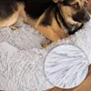 A dog is lying on a fluffy, light gray dog bed. A close-up inset shows the texture of the bed's plush fabric. Anteprima dell’immagine prodotto