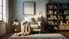 A cozy living room scene with a chair, blanket, and bookshelf. Produktbild-Vorschau
