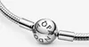 A close-up shot of a silver Pandora bracelet clasp with the Pandora logo engraved on it. Podgląd zdjęcia produktu