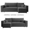 Two views of a dark gray sectional sofa, one with the chaise on the right and the other with the chaise on the left, with text indicating its universal configuration. Produktbild-Vorschau