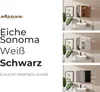 A collage of three images showing a bathroom vanity with a sink and a mirrored cabinet, each in a different finish. Produktbild-Vorschau