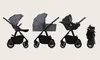 A collage showing a stroller in different configurations: with a seat, with a bassinet, with a car seat, and folded. Produktbild-Vorschau