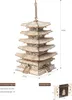 A 3D wooden model of a five-storied pagoda is displayed against a white background, with dimensions and product details shown. Voir les images du produit
