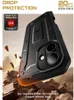 A rugged iPhone case is shown in a dynamic, action-oriented scene with rocks and debris flying, emphasizing its durability. Produktbild-Vorschau