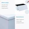 A collage of images showcasing a white storage bench with text describing its features. Podgląd zdjęcia produktu