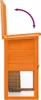Side view of an orange wooden rabbit hutch with the roof open, showing a purple arrow indicating movement. Produktbild-Vorschau