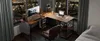 A modern L-shaped desk setup in a room with a city view at night. Anteprima dell’immagine prodotto