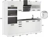 A white kitchen unit with integrated appliances and cabinetry, shown with dimensions indicated. Produktbild-Vorschau